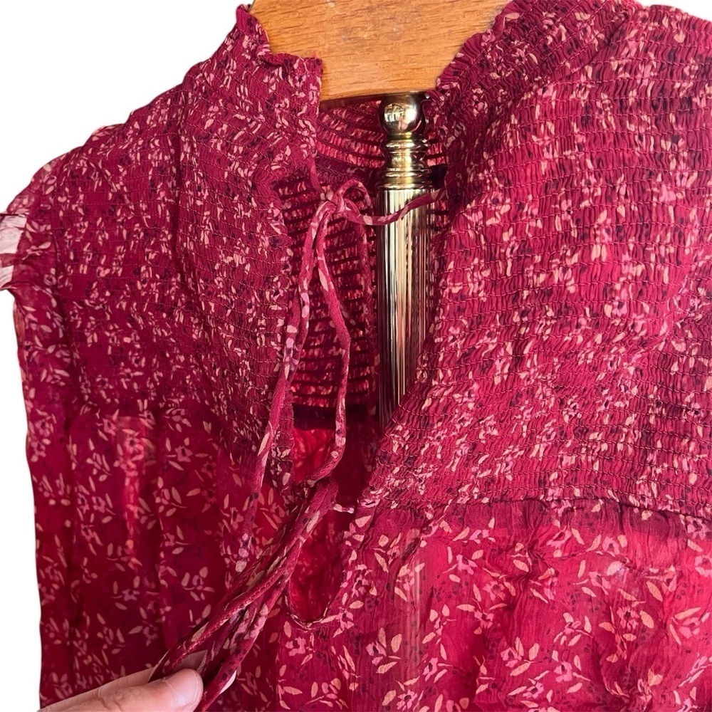 Free People Red Roma Blouse Sheer Floral Long Sleeve with Keyhole Back Small - Picture 7 of 15